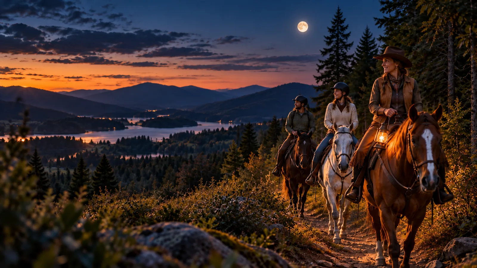 Randonnée équestre d’ambiance au crépuscule sous la lune