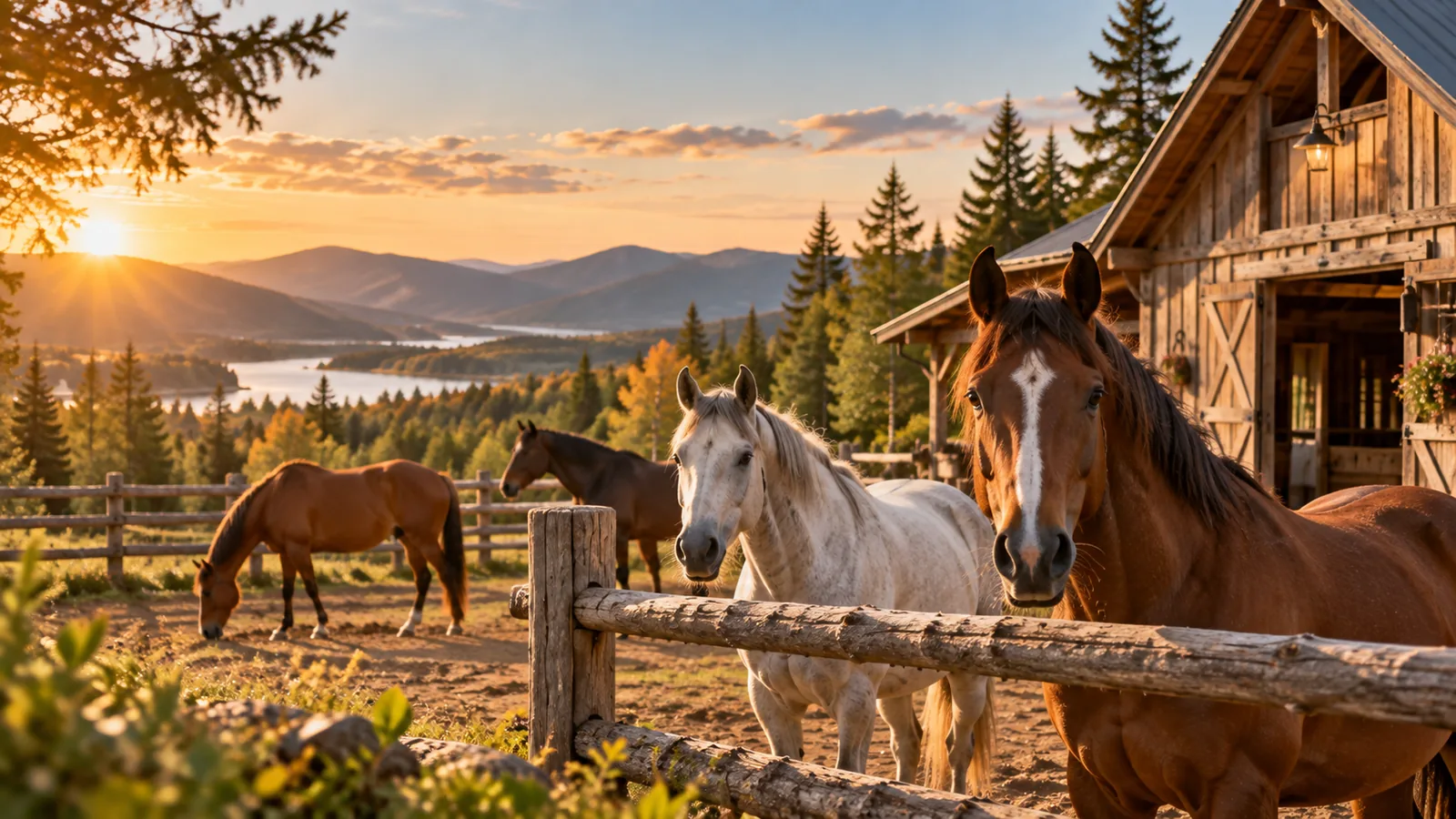 Chevaux dans un environnement de ranch au coucher du soleil