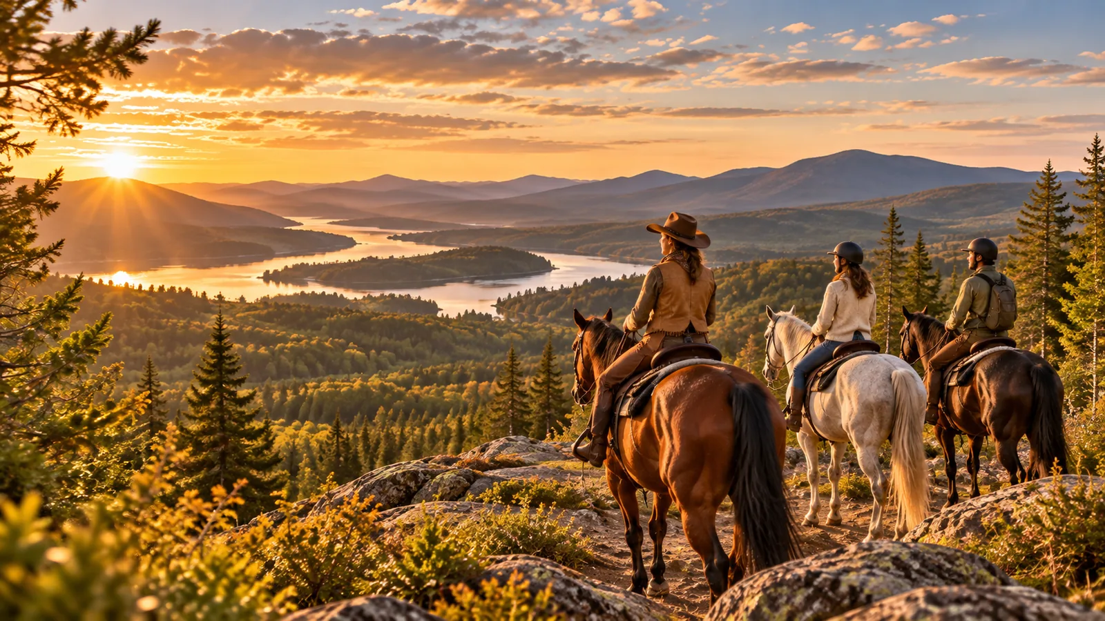 Cavaliers profitant d’un point de vue au coucher du soleil